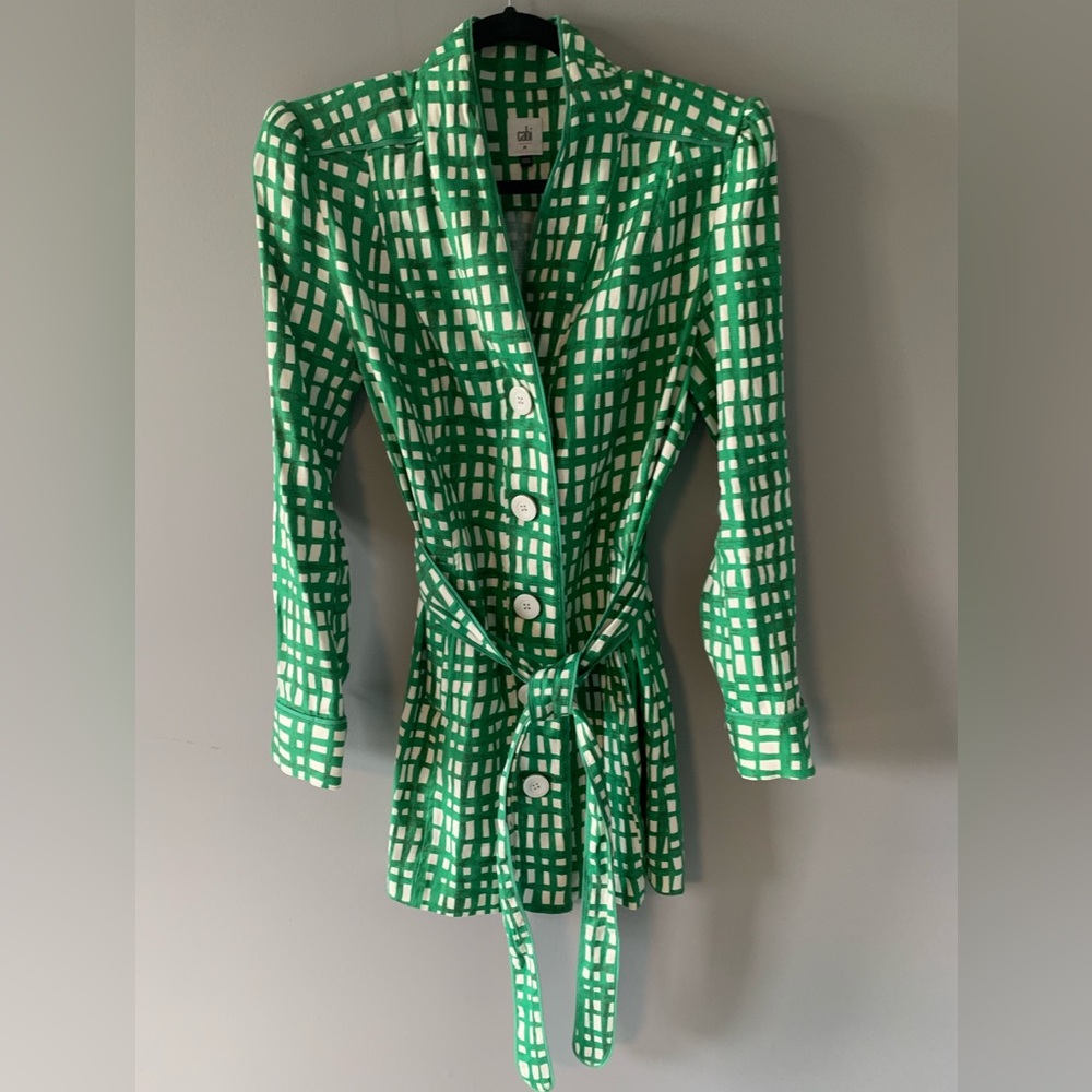 CAbi Green and White Checked Belted Blazer